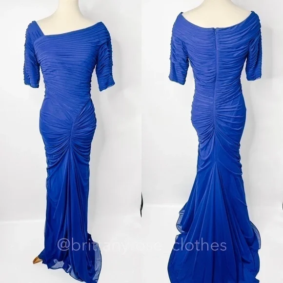 TADASHI SHOJI Asymmetrical Ruched Mesh Evening Formal Gown in Lake Blue - Picture 2 of 8